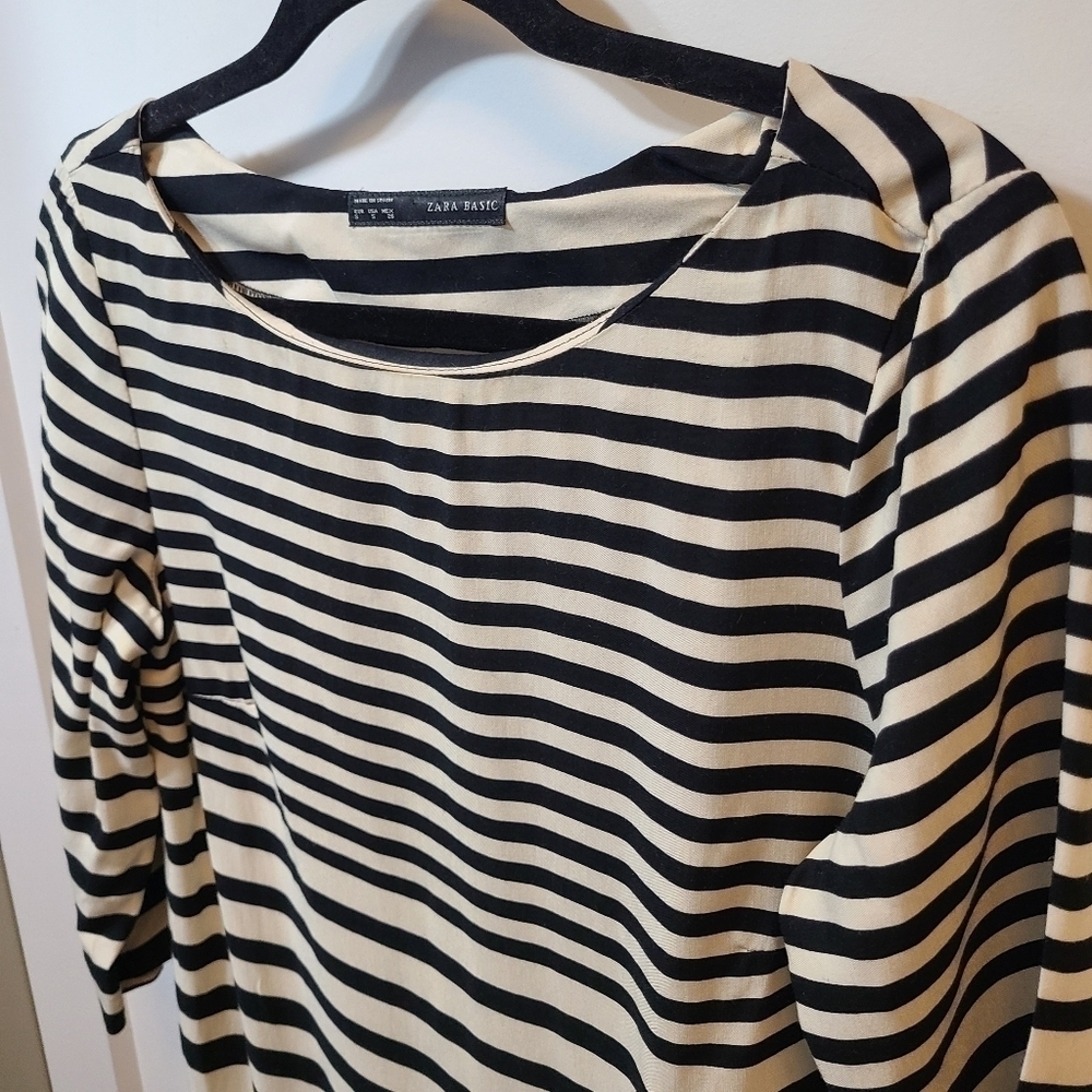Zara Basic Ivory Black Dress Striped 3/4 Sleeve Sz Small Shift SheathExcellent - Picture 4 of 7